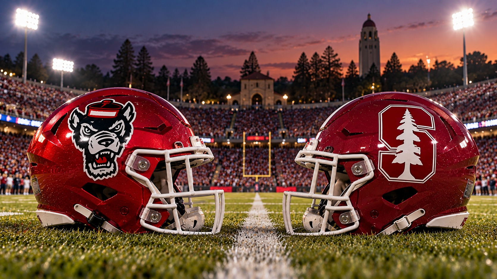 NC State and Stanford football helmets facing off on a stadium field at sunset