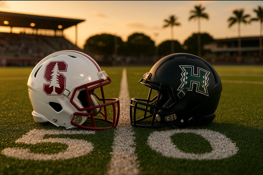 Stanford cardinal helmet facing a Hawaii green helmet