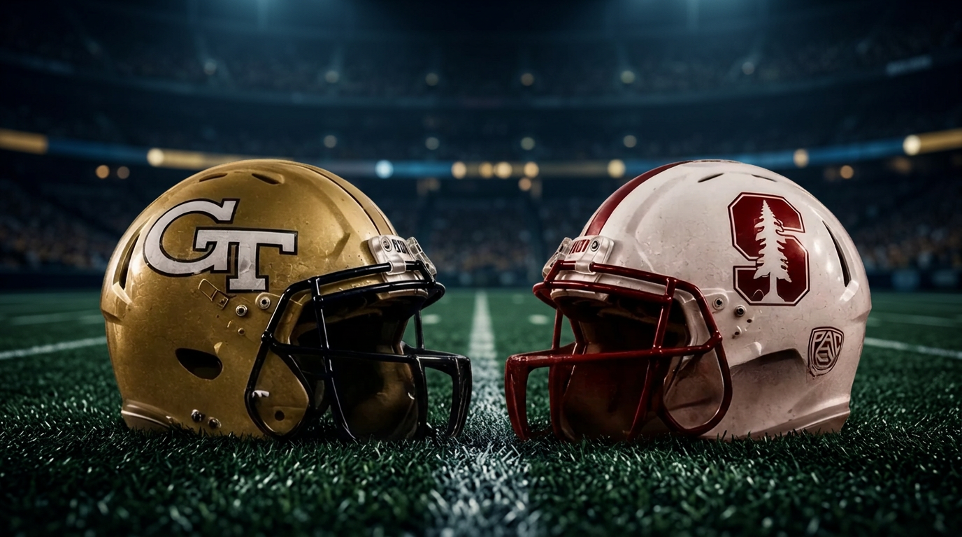 Georgia Tech and Stanford football helmets facing off on the field